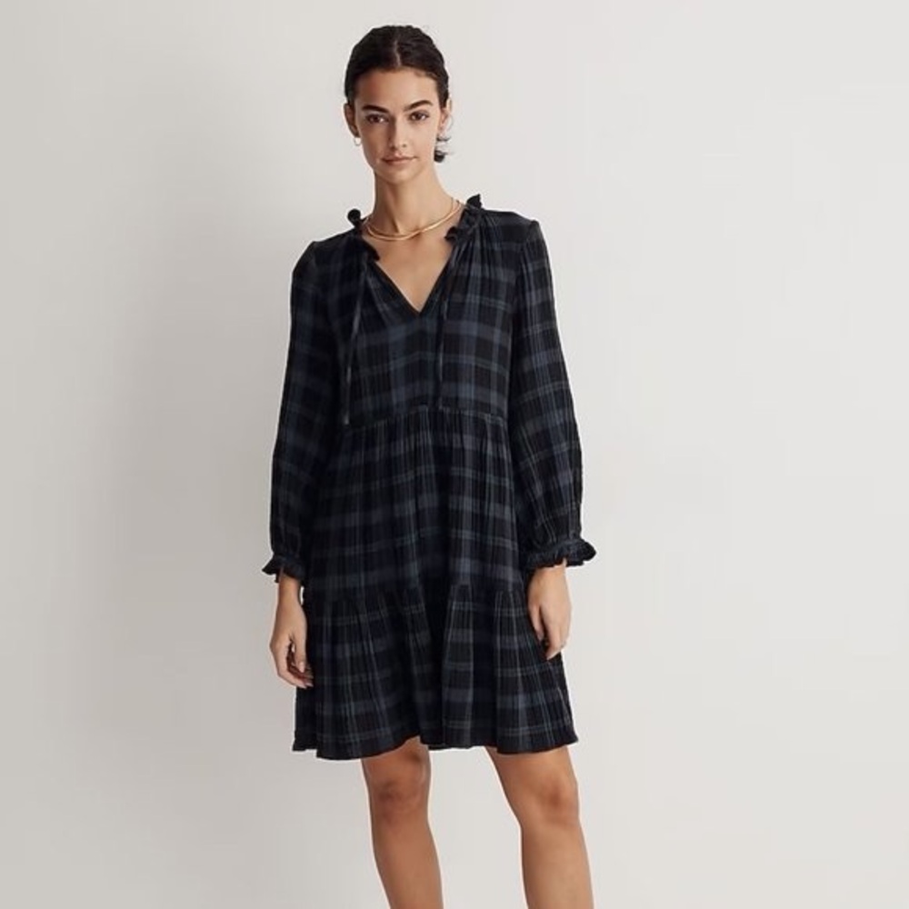 Madewell Tie-Neck Tiered Mini Dress in Plaid Size large